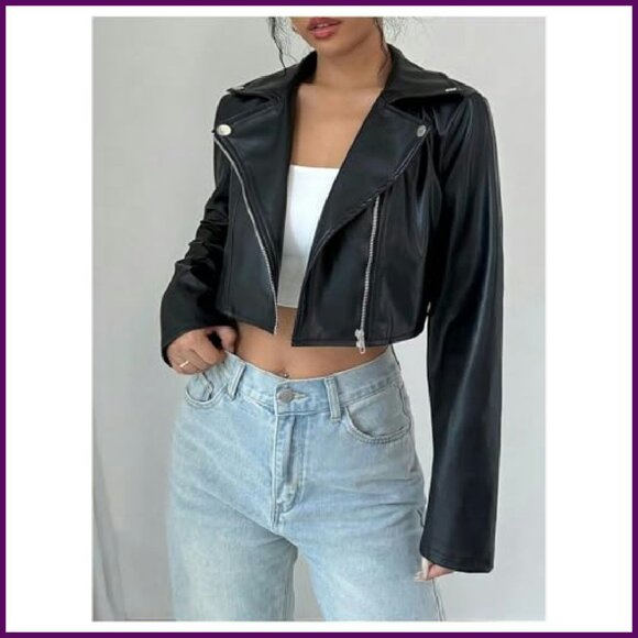 PU Leather Cropped Moto Jacket Zip Up Women's Faux Leather Coat - Picture 5 of 6